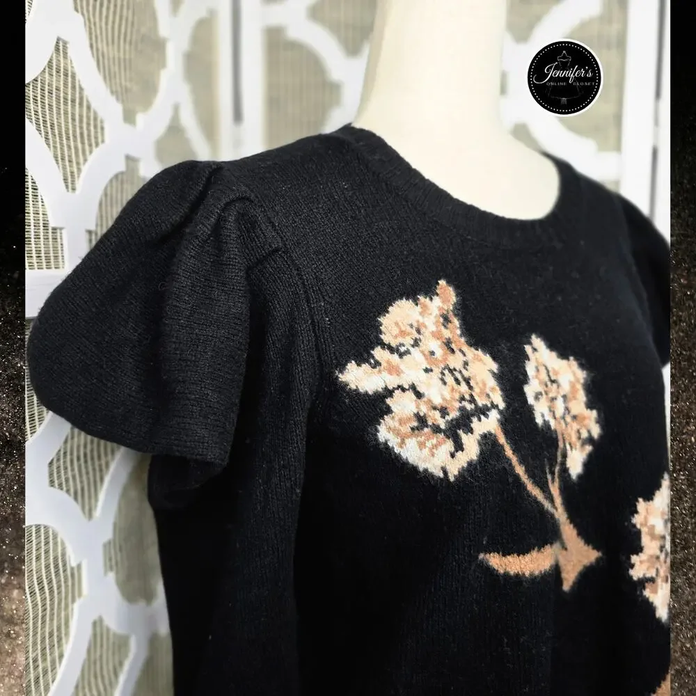 BCBGMaxAzria Black Iris Wool Blend Floral Puff Long Sleeves Sweater Size L